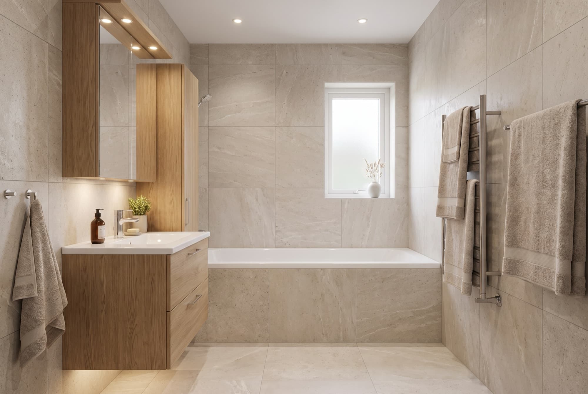 A1's bathroom in warm beige stone tiles, full-size bathtub, oak vanity and a frosted window