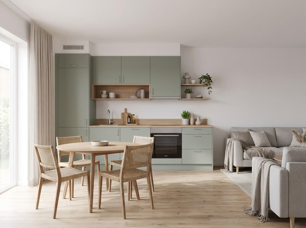 A wider view across A1's sage-green kitchenette and oak worktop, open to the dining table and garden light