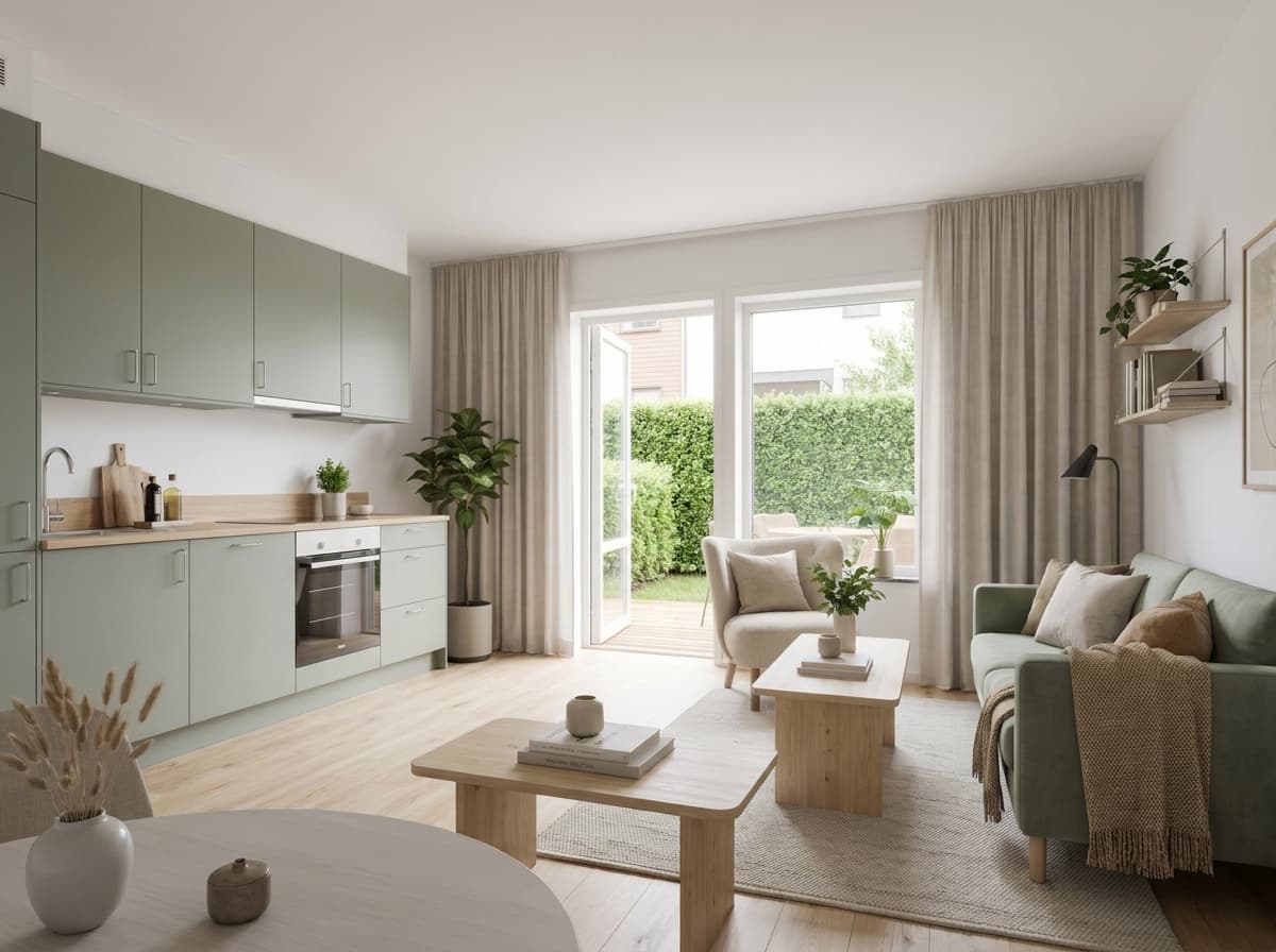 A1's living space from another angle, the sage kitchenette, oak dining table and glazed garden doors reading as one bright open room