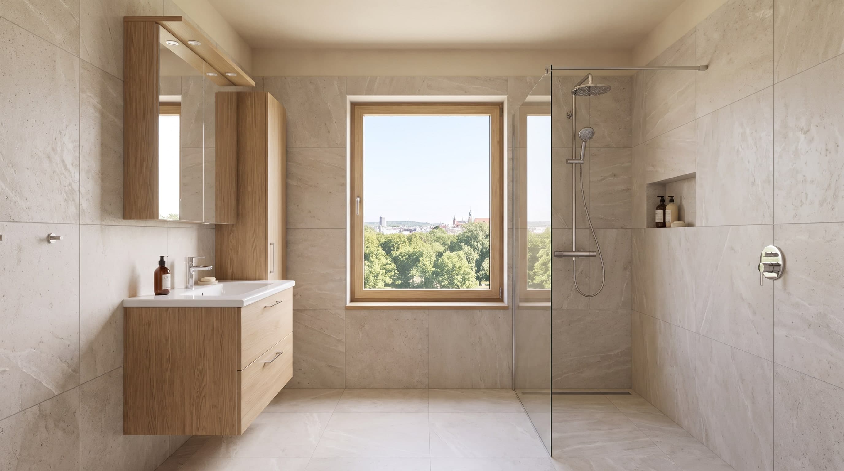A21's bathroom in large-format warm grey tile, oak vanity with a backlit mirror, walk-in shower behind clear glass and matt black fittings