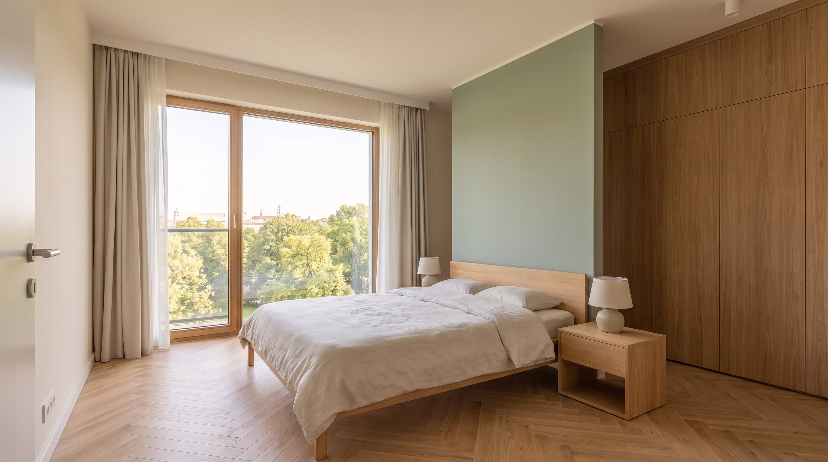 A21's bedroom: an oak bed with a putty-green throw, a black metal reading light and a window filled with the park canopy