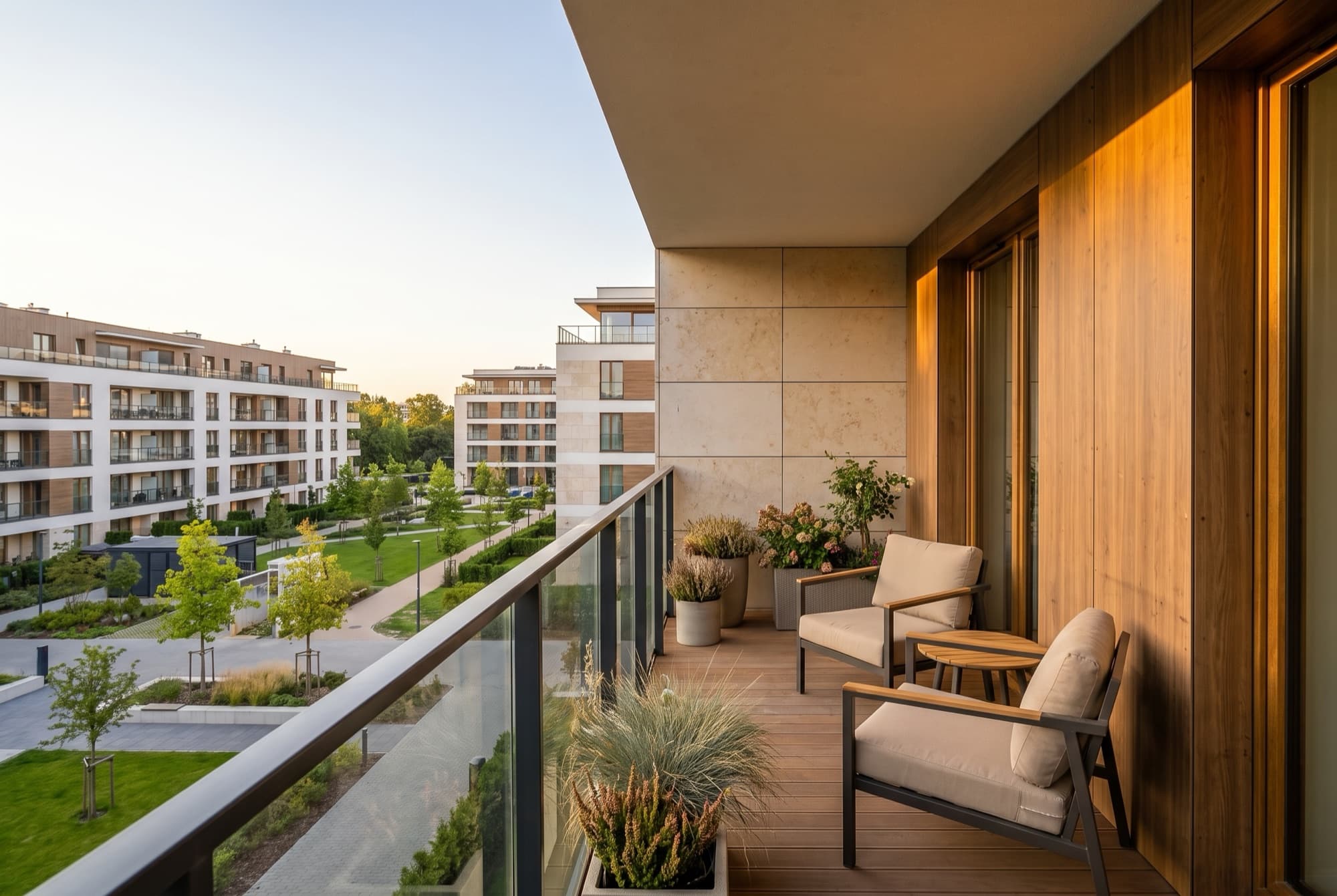 The 7.4 m² balcony of A23, wood decking, glass balustrade and two armchairs facing the planted courtyard