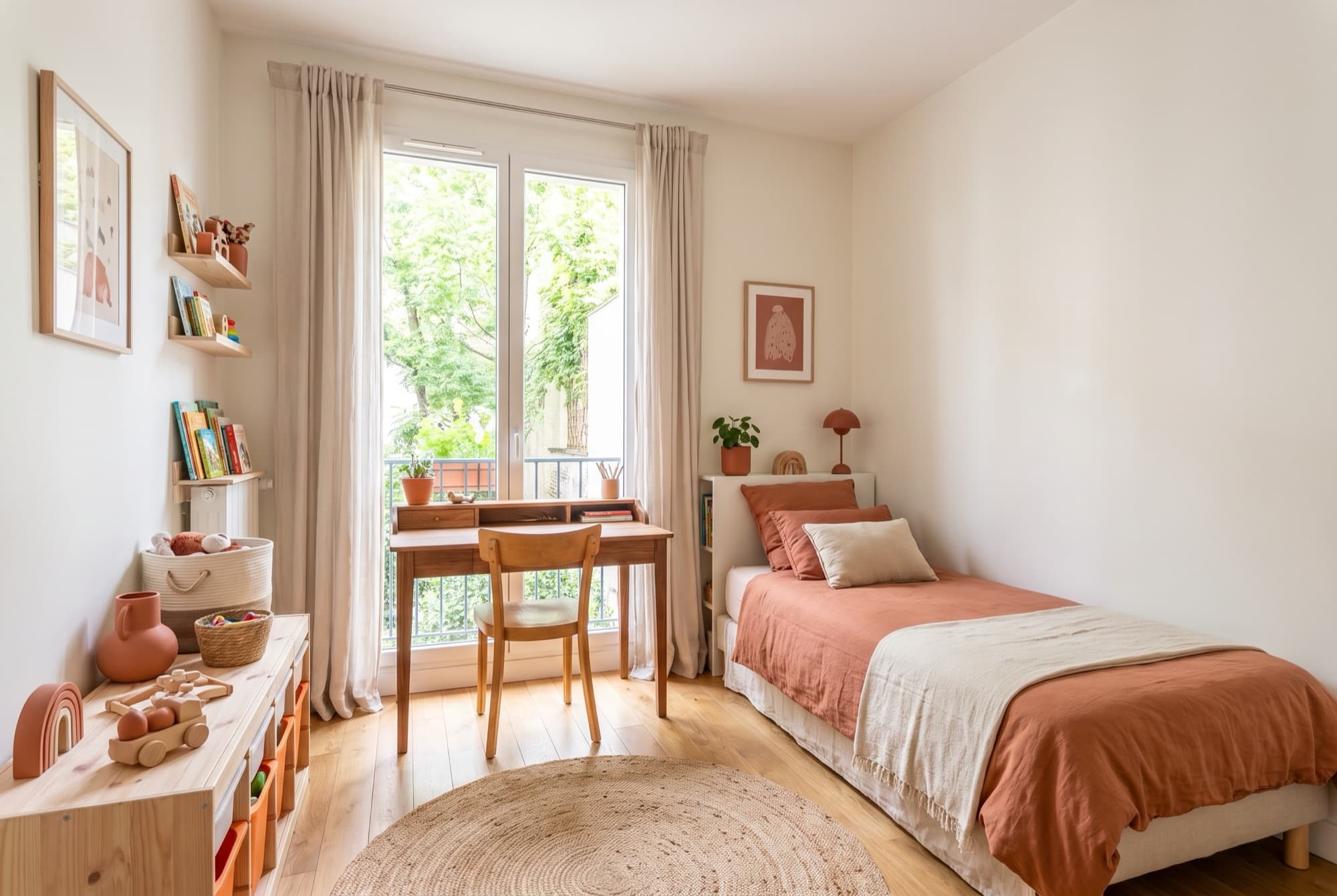 The children's room of A23: single bed, desk at the window and shelves of books and toys