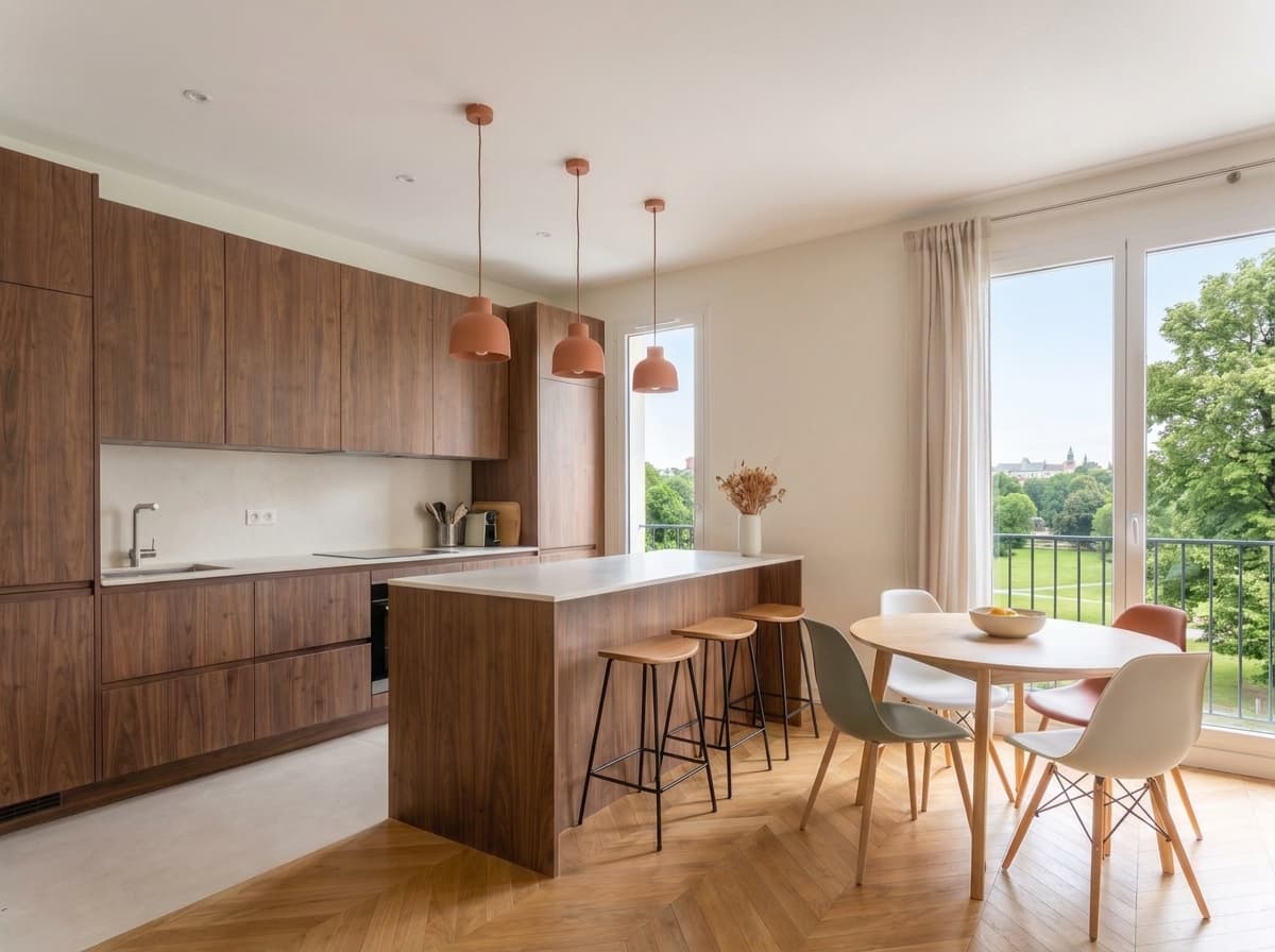 A23's walnut kitchen island from the dining side, terracotta pendants above and the living room beyond