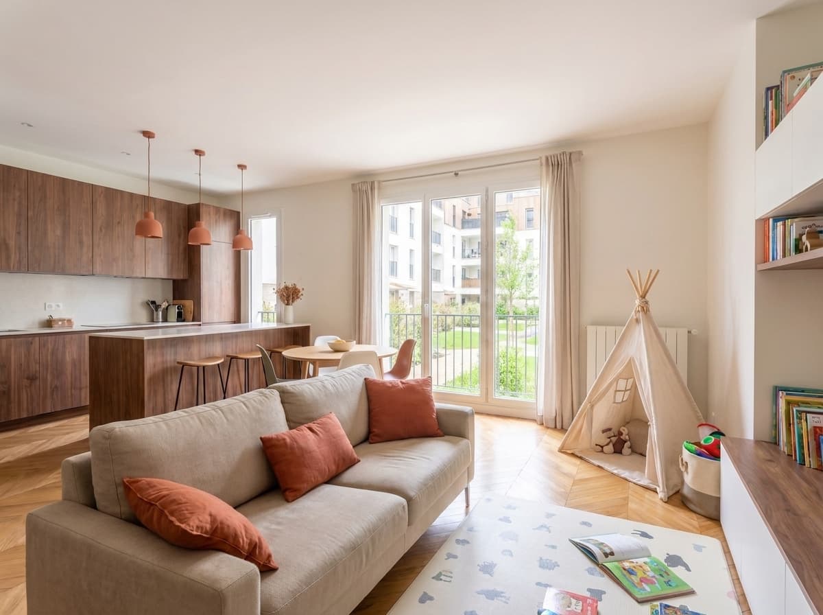 A23's living room from the far corner, the family sofa and kids' corner, the walnut breakfast island and the balcony doors in one open run