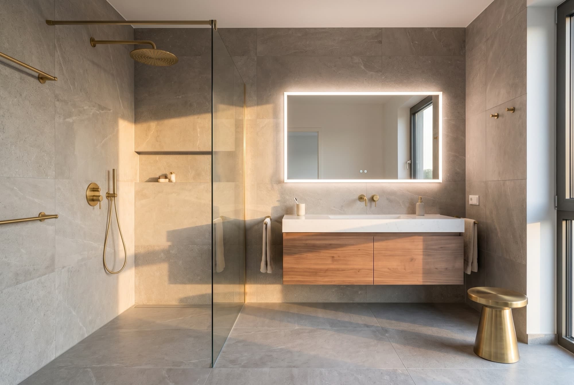 A40's bathroom in grey stone: glass walk-in shower, walnut vanity, backlit mirror and brass fittings