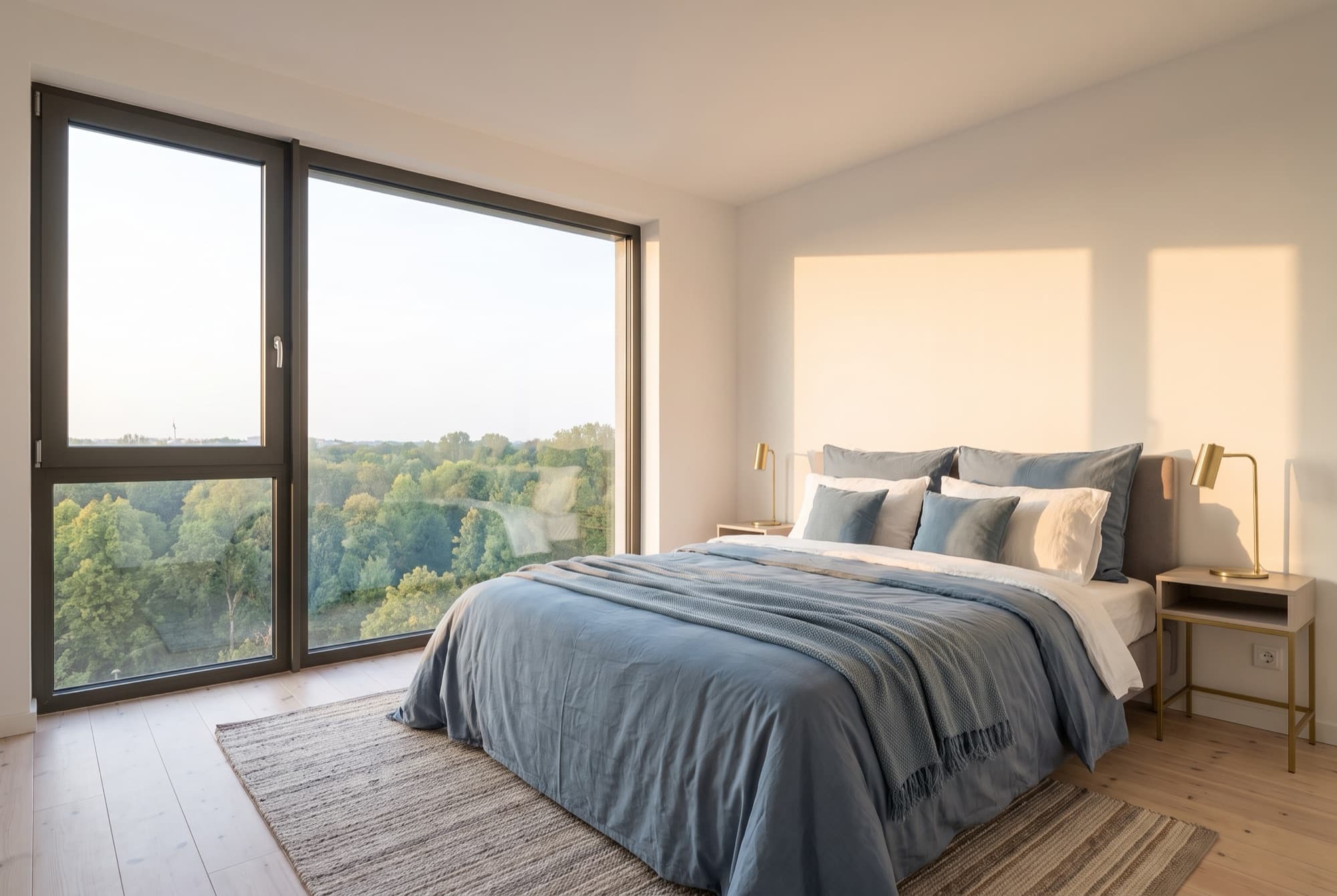 The master bedroom of A40: blue linen bedding and floor-to-ceiling corner windows over the park