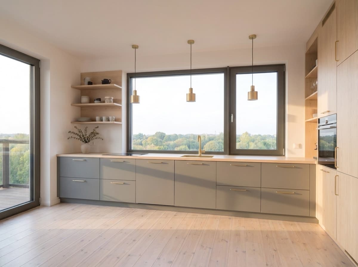 A wider angle on A40's grey-green kitchen and pale-wood run, open to the dining area and the park windows