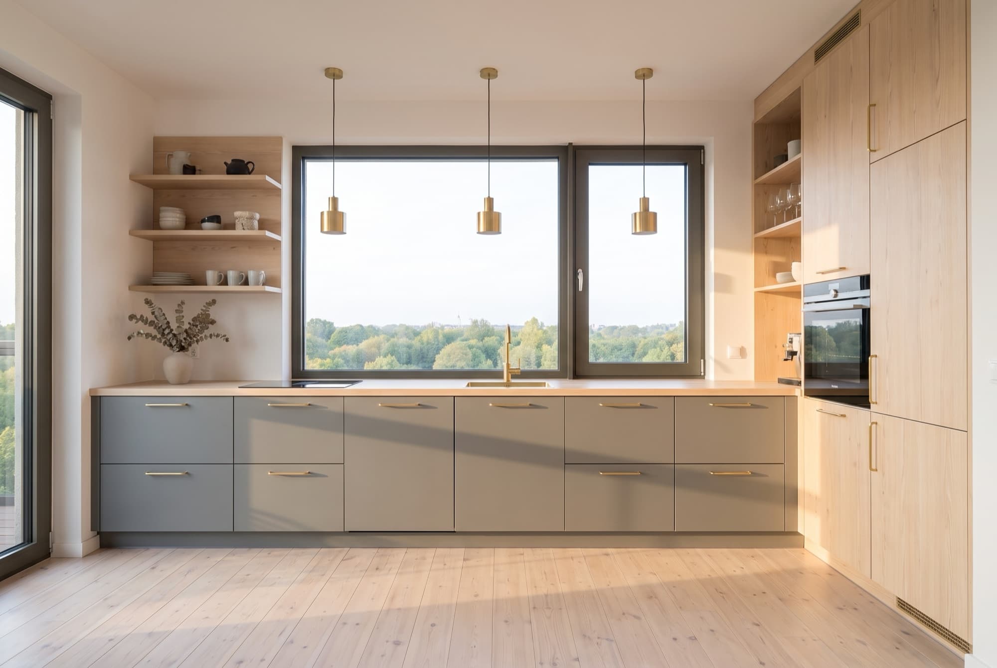 A40's open kitchen, grey-green cabinetry with brass handles and pale wood, its window over the parkland