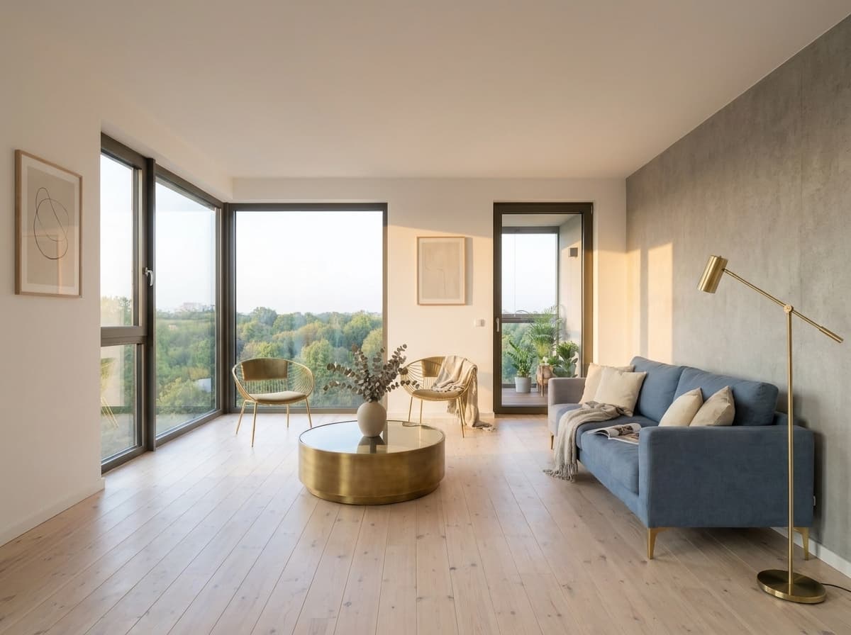 A40's living room from the kitchen side, blue-grey seating framed by the corner glazing and its park view