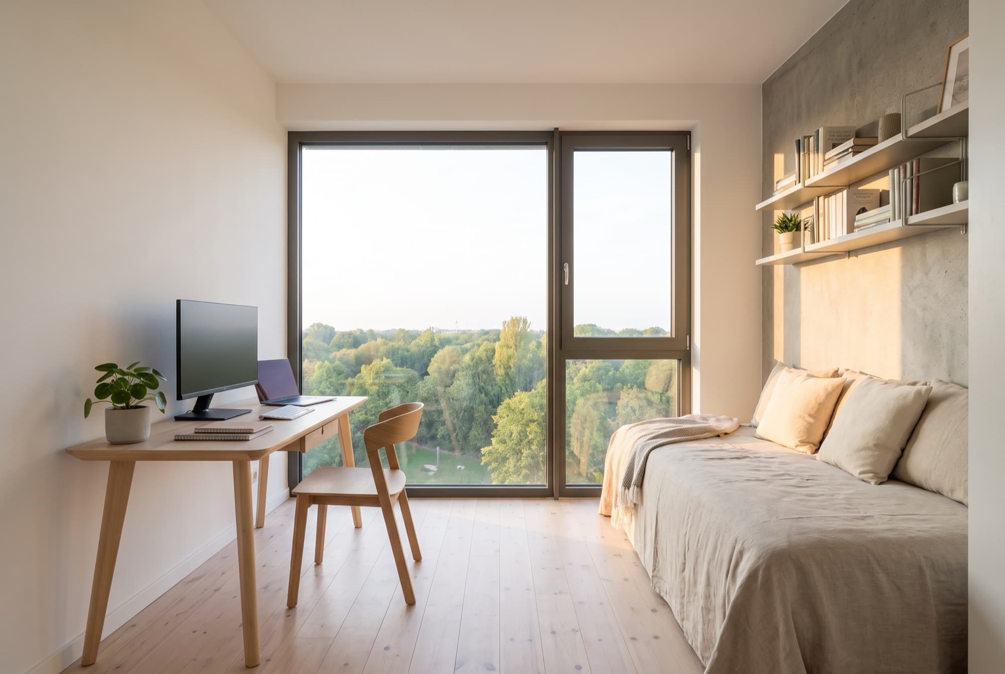 A40's compact third room set up as a park-view study, with a desk at the window and a day bed