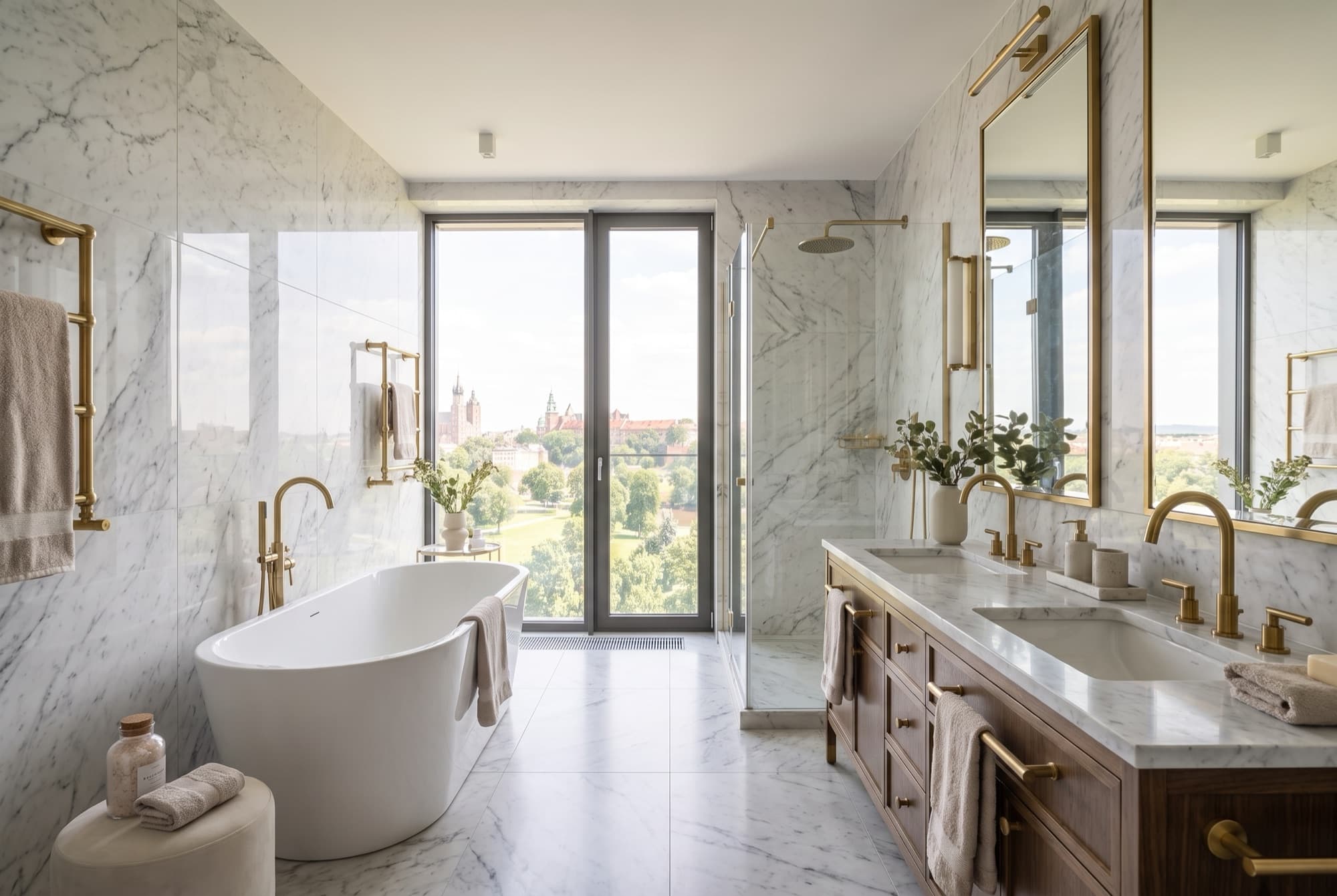 A44's marble ensuite, freestanding tub beside a full-height window over the park, walk-in rainfall shower and double vanity