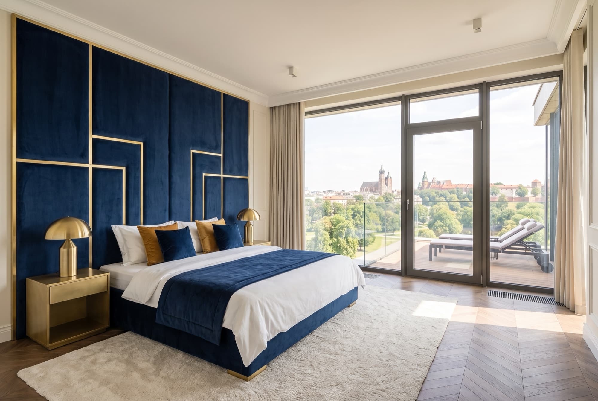 The master suite of A44, navy velvet panelled wall with brass inlays, and terrace access facing the old town