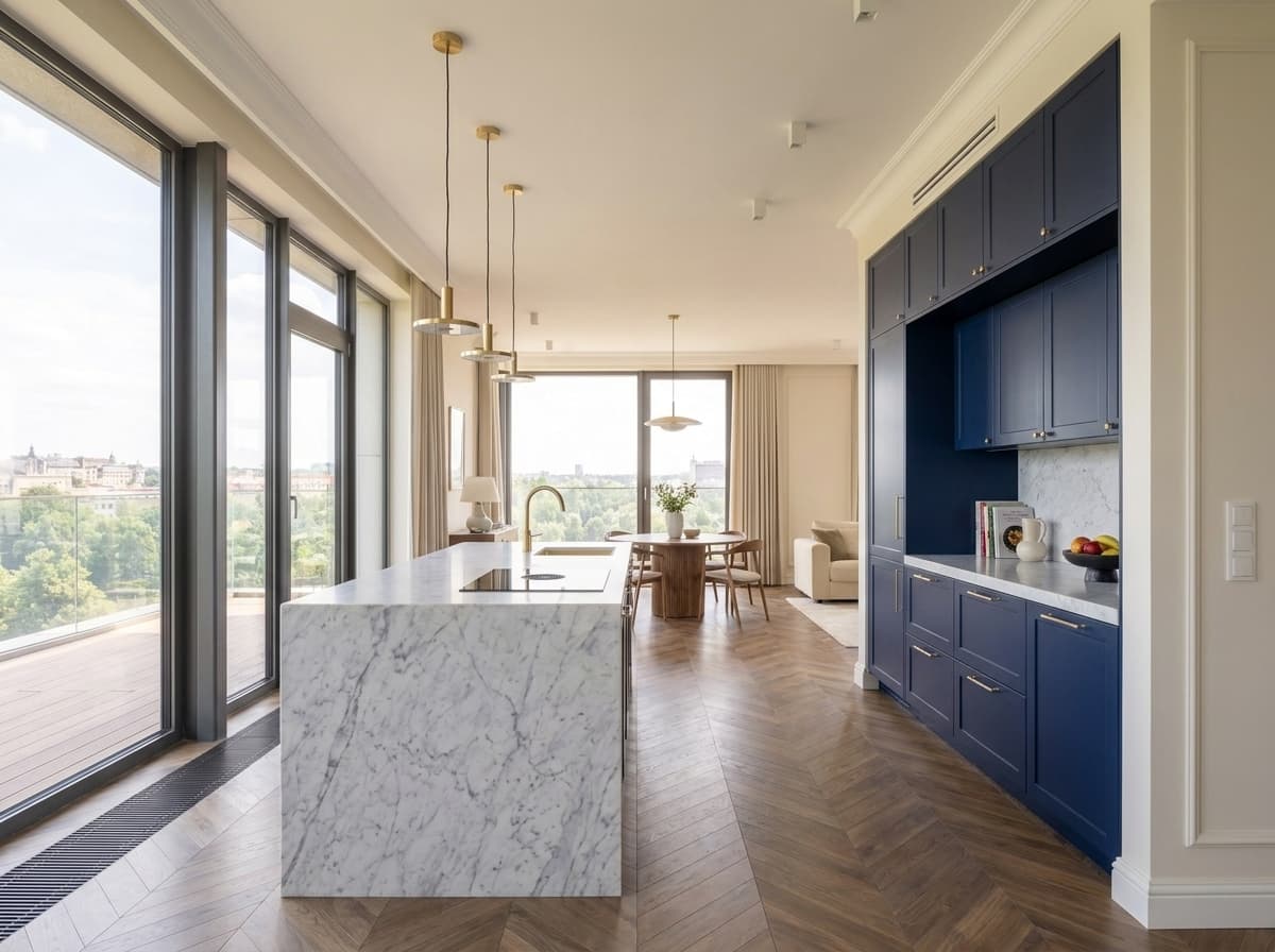 A44's marble waterfall island from the dining end, navy cabinetry and brass pendants with the terrace glazing beyond