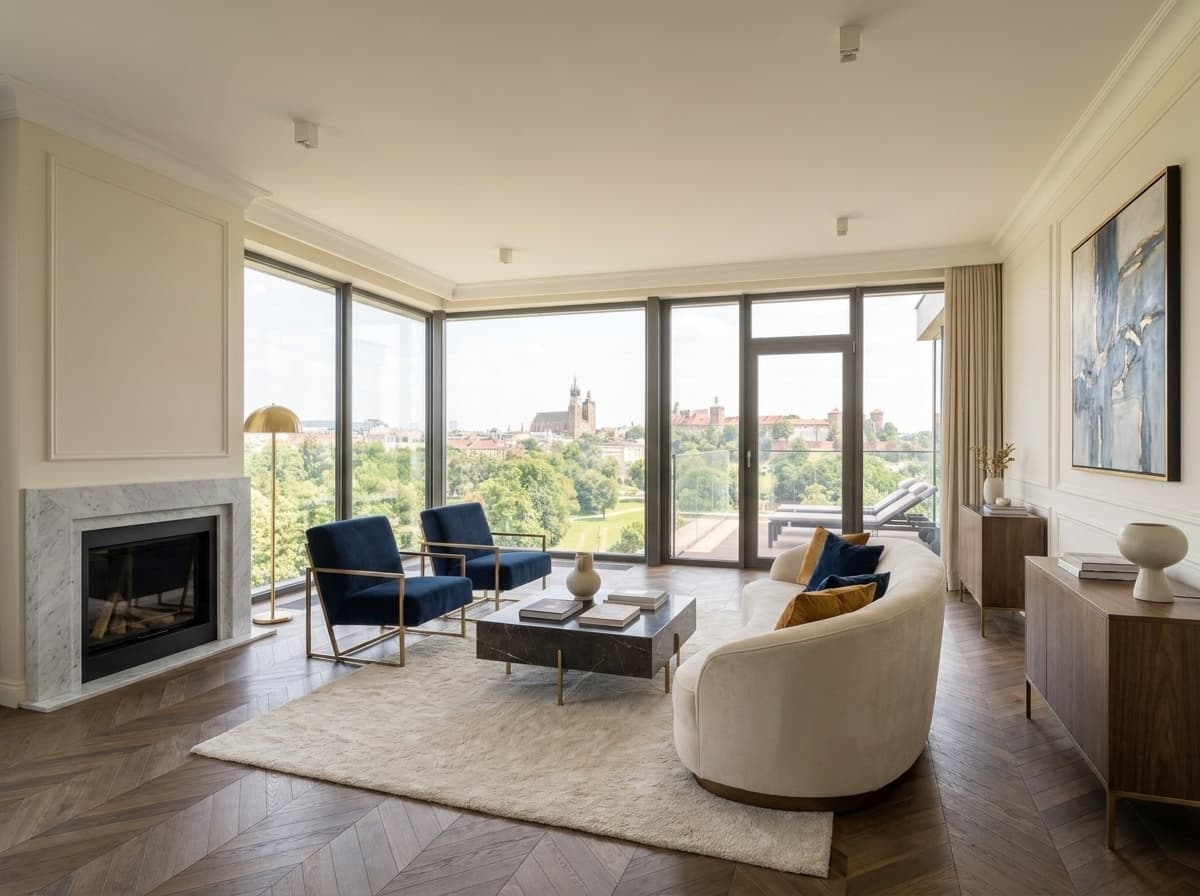 A44's living room from the terrace side, the curved sofa, navy armchairs and marble fireplace against the full-height glazing and the Krakow skyline