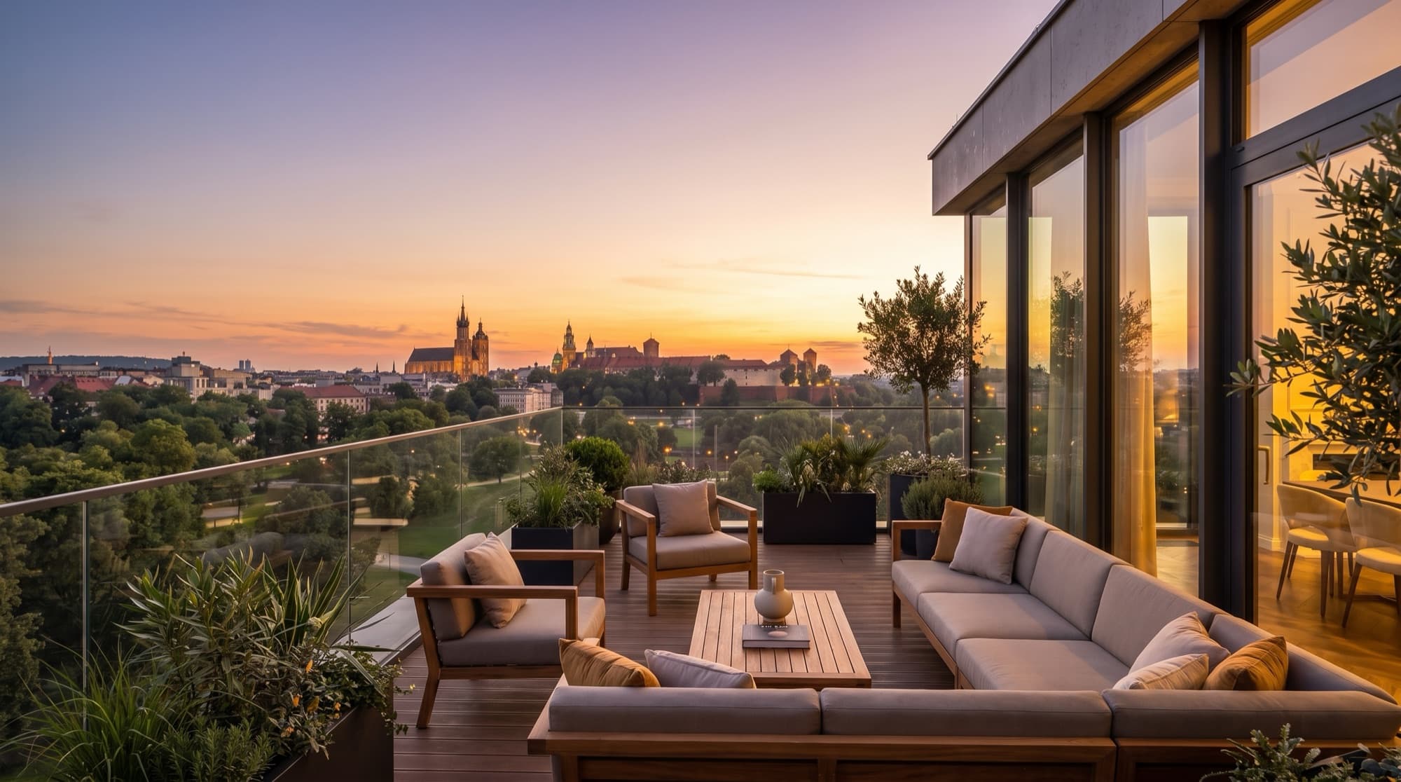 The 35 m² wraparound terrace at sunset, teak lounge seating and planted borders above the park, with Kraków's skyline on the horizon